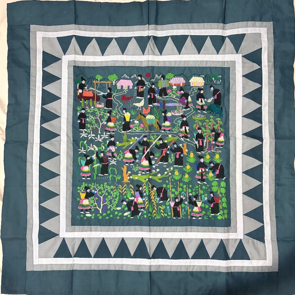 Authentic Hand-Embroidered Large Hmong Story Cloth 33" x 34" Traditional Village